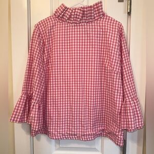 Chic Pink Gingham Checkered Ruffle Neck Blouse Elizabeth Wilson XL